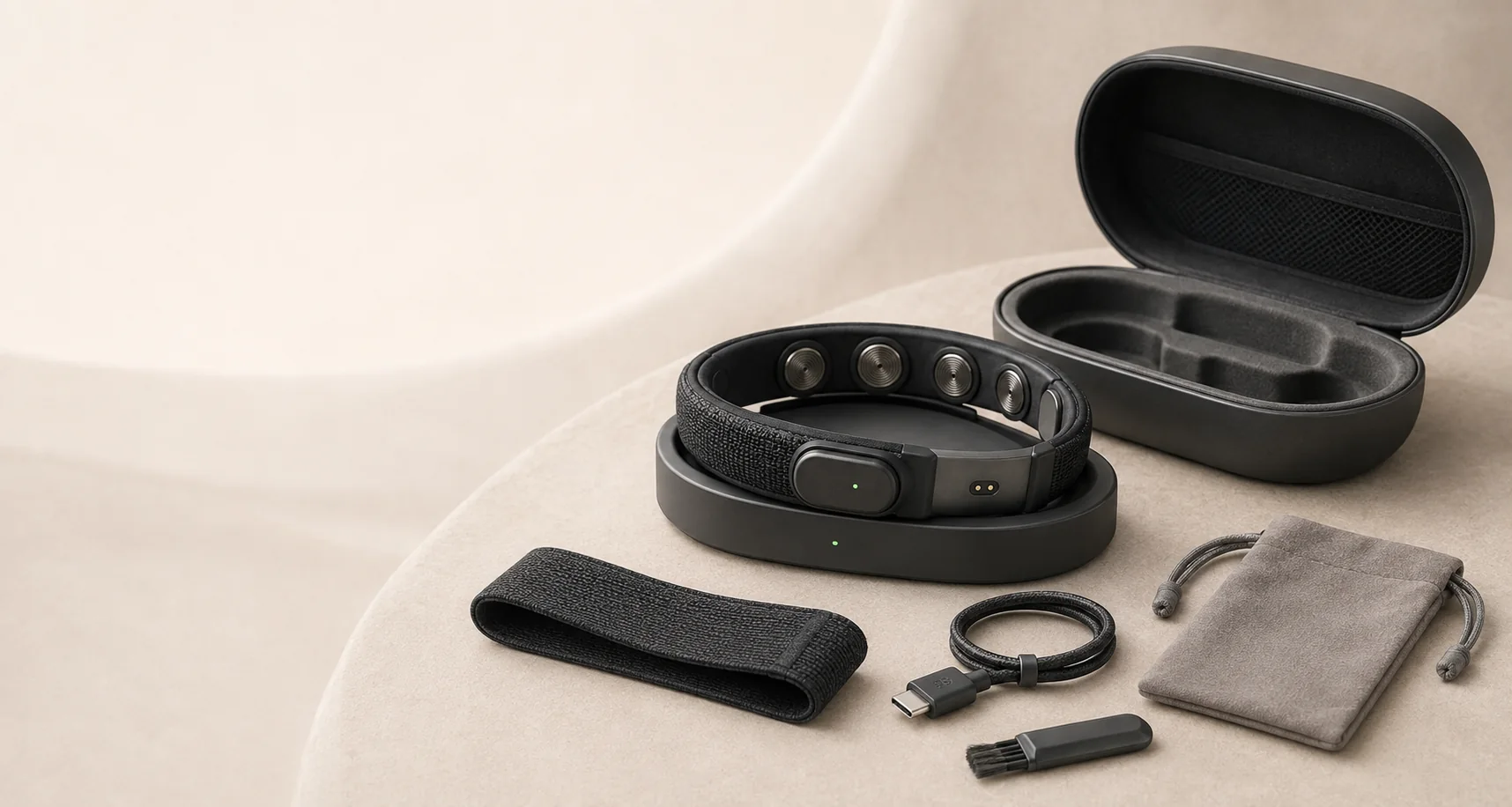 The Ninug charging dock, travel case, spare band, USB-C cable, electrode brush and pouch