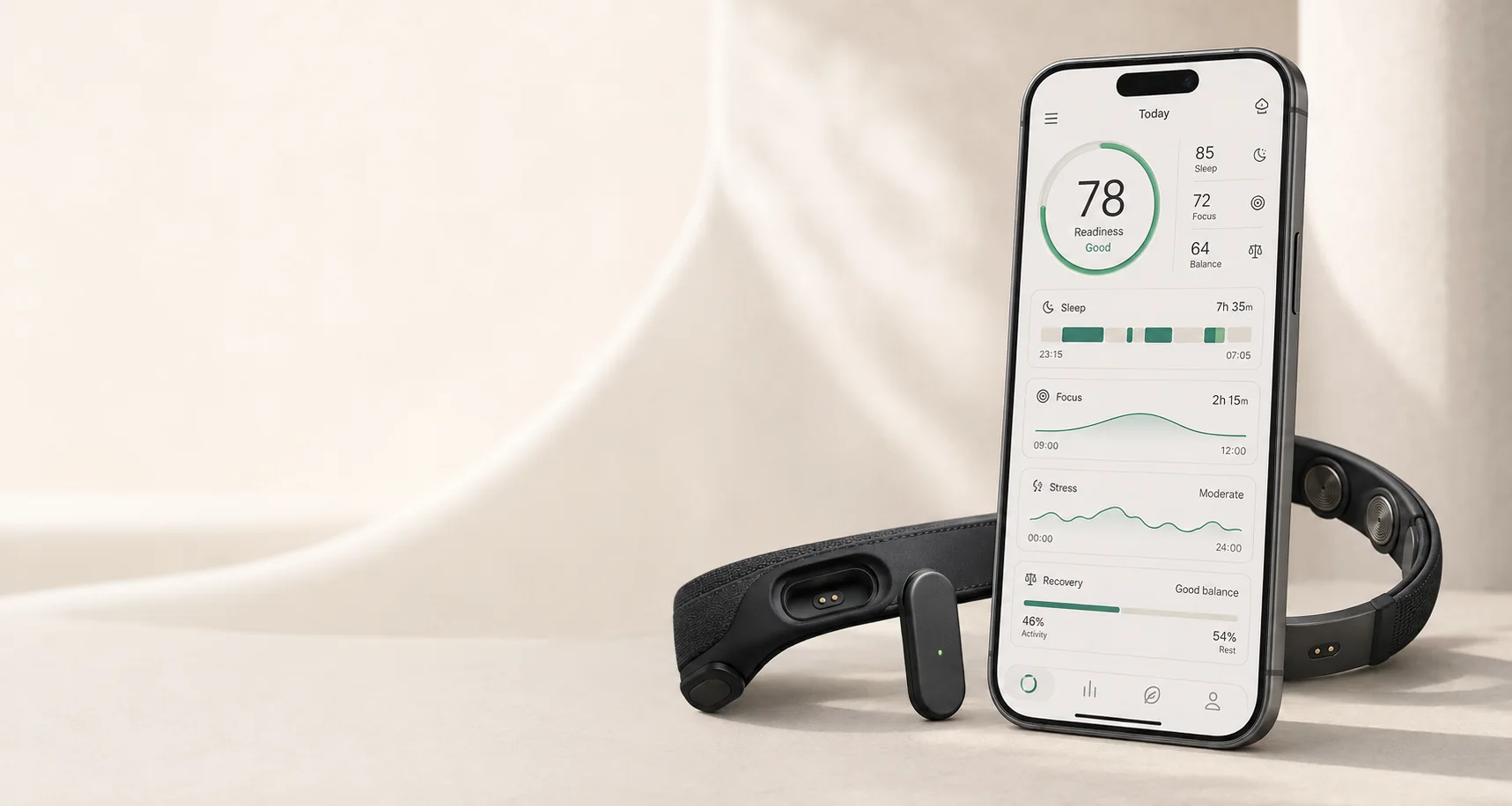 The Ninug app showing a readiness score, sleep stages, focus and stress through the day, next to the band