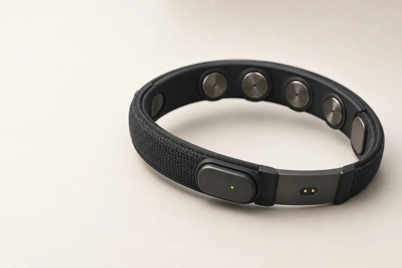 The Ninug band, showing its dry contact electrodes and detachable sensor pod