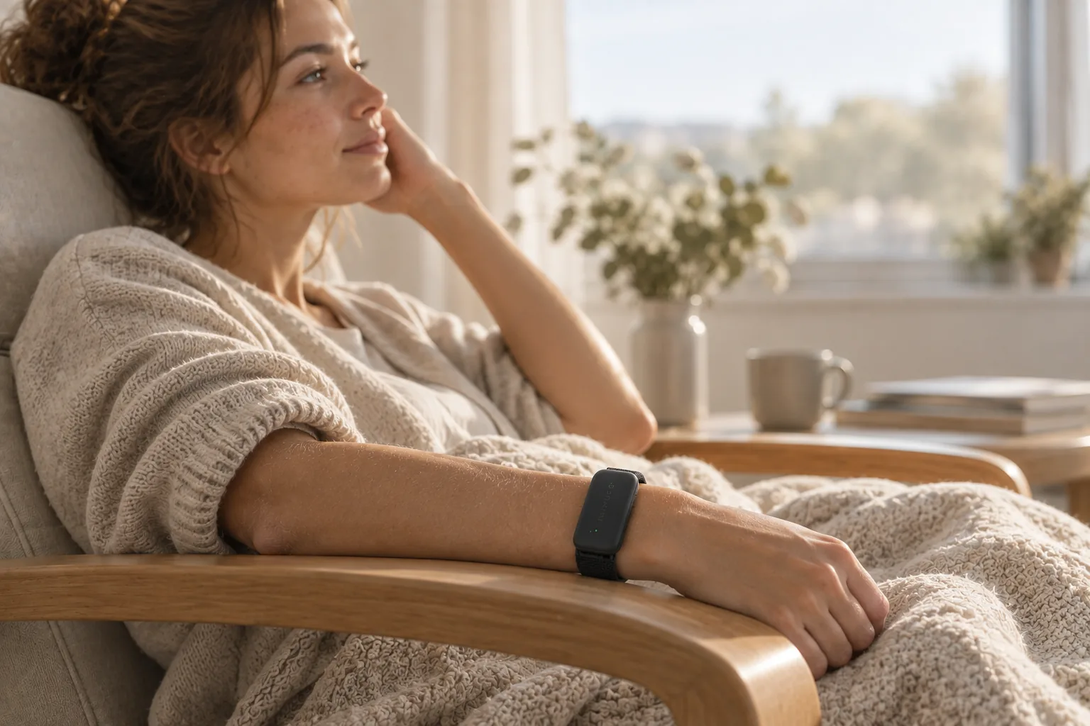 An adult resting in a chair by a window, wearing a Ninug Band