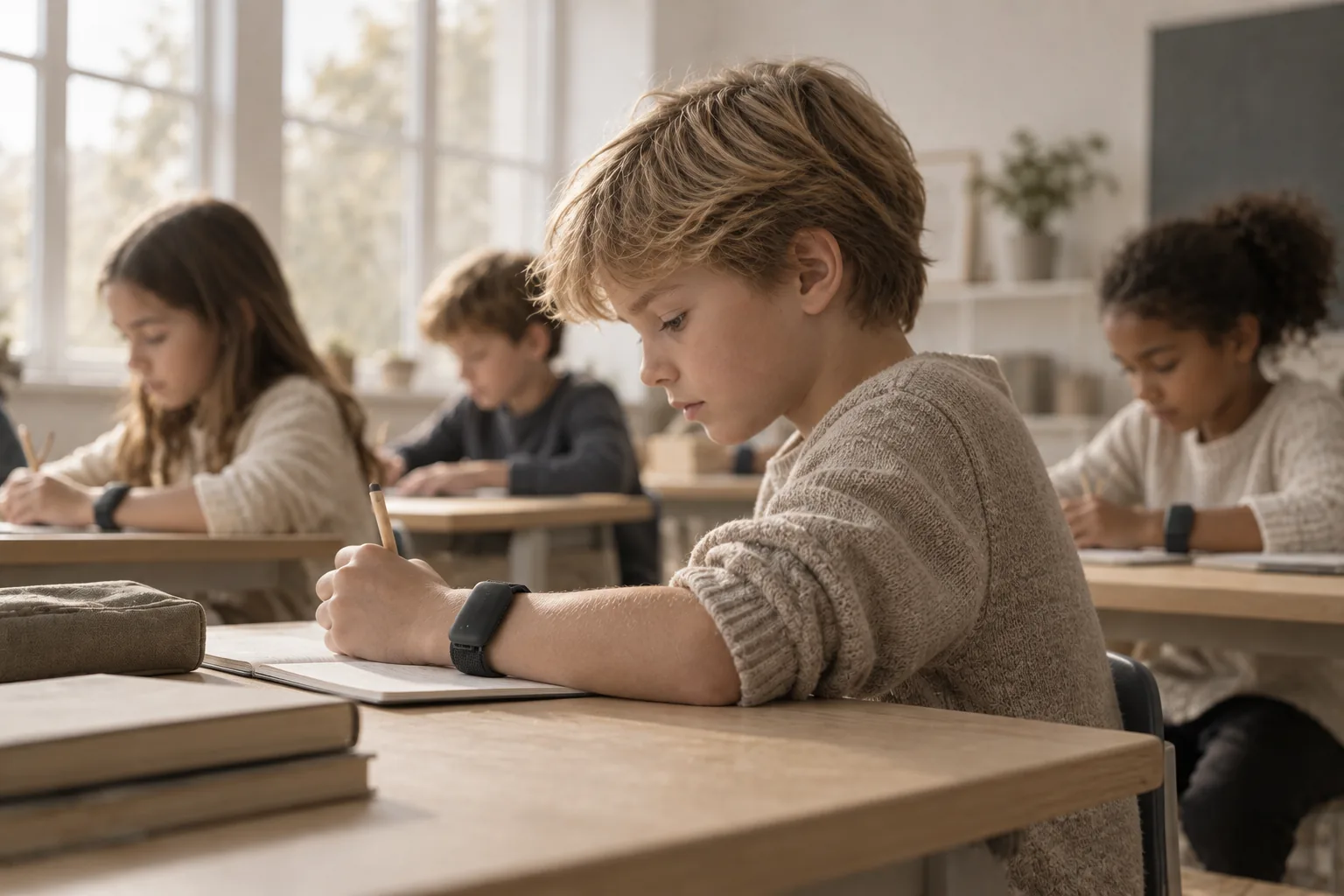 Children at desks in a classroom, each wearing a Ninug Band