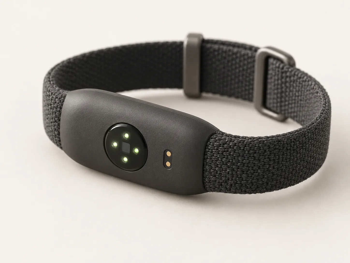 The underside of the Ninug Band, showing the optical sensor window and charging contacts