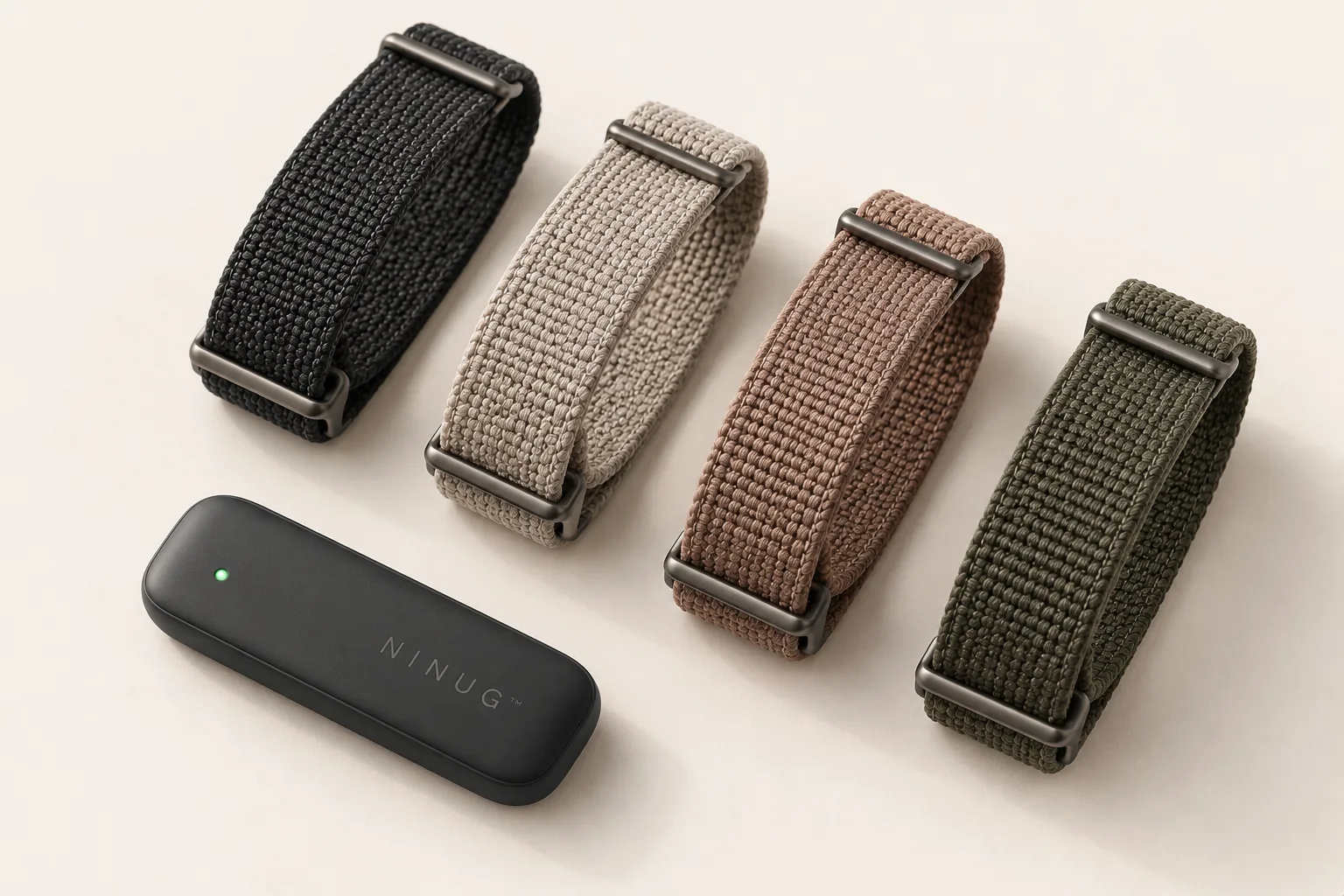 The Ninug Band module beside four knitted straps in different colours