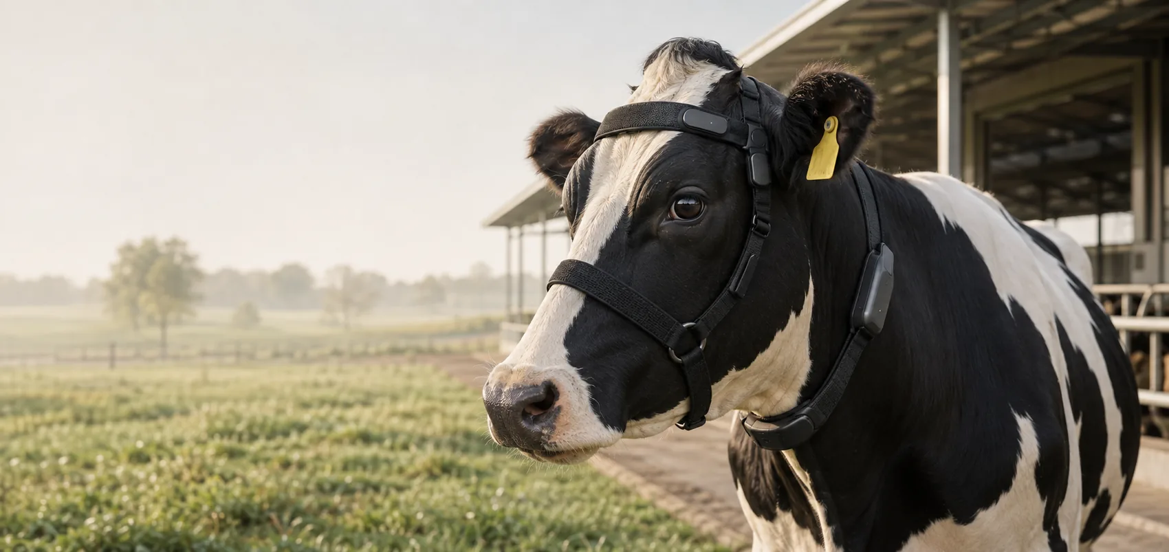 Dairy cow wearing a Ninug halter-mounted sensor