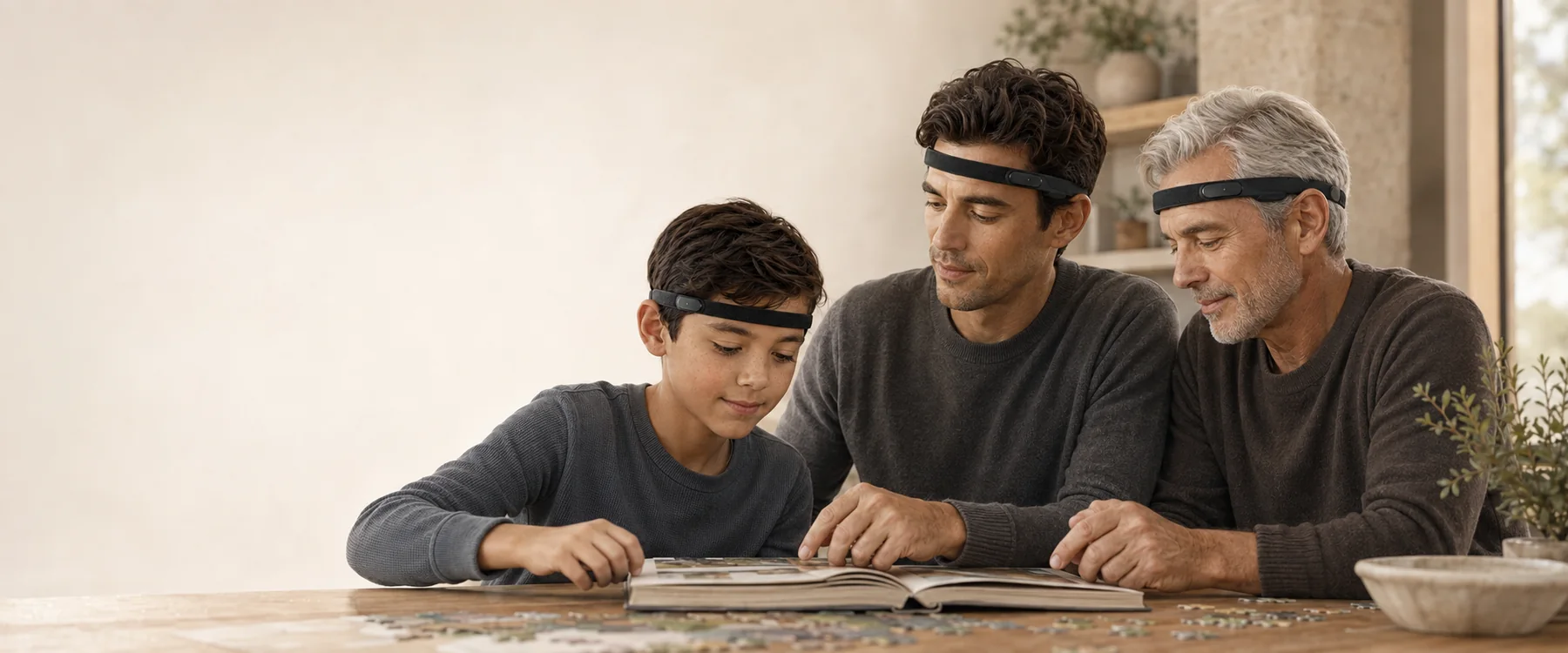 Three generations of a family at a table, each wearing a Ninug band