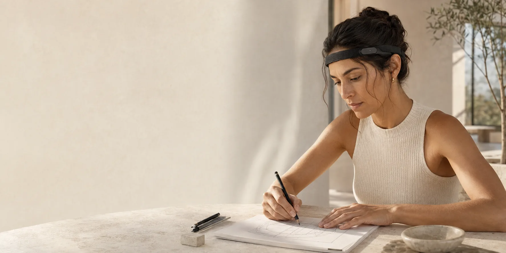 A person concentrating at a desk wearing the Ninug band