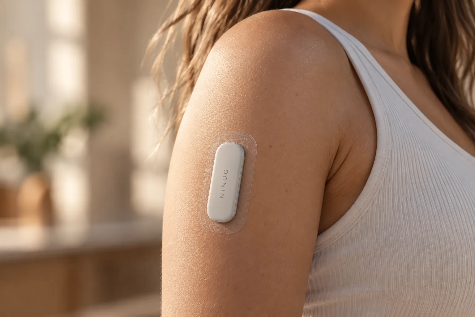 A small white Ninug patch worn on the back of an upper arm