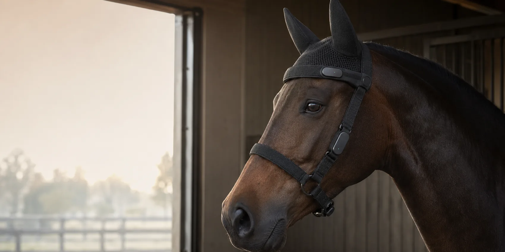 Horse wearing a Ninug sensor built into an ear bonnet