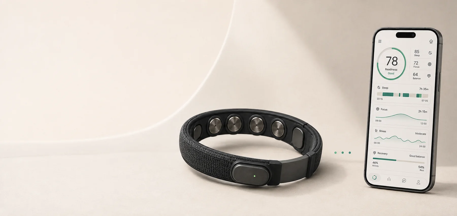 The Ninug band beside a phone showing readiness, sleep, focus and recovery