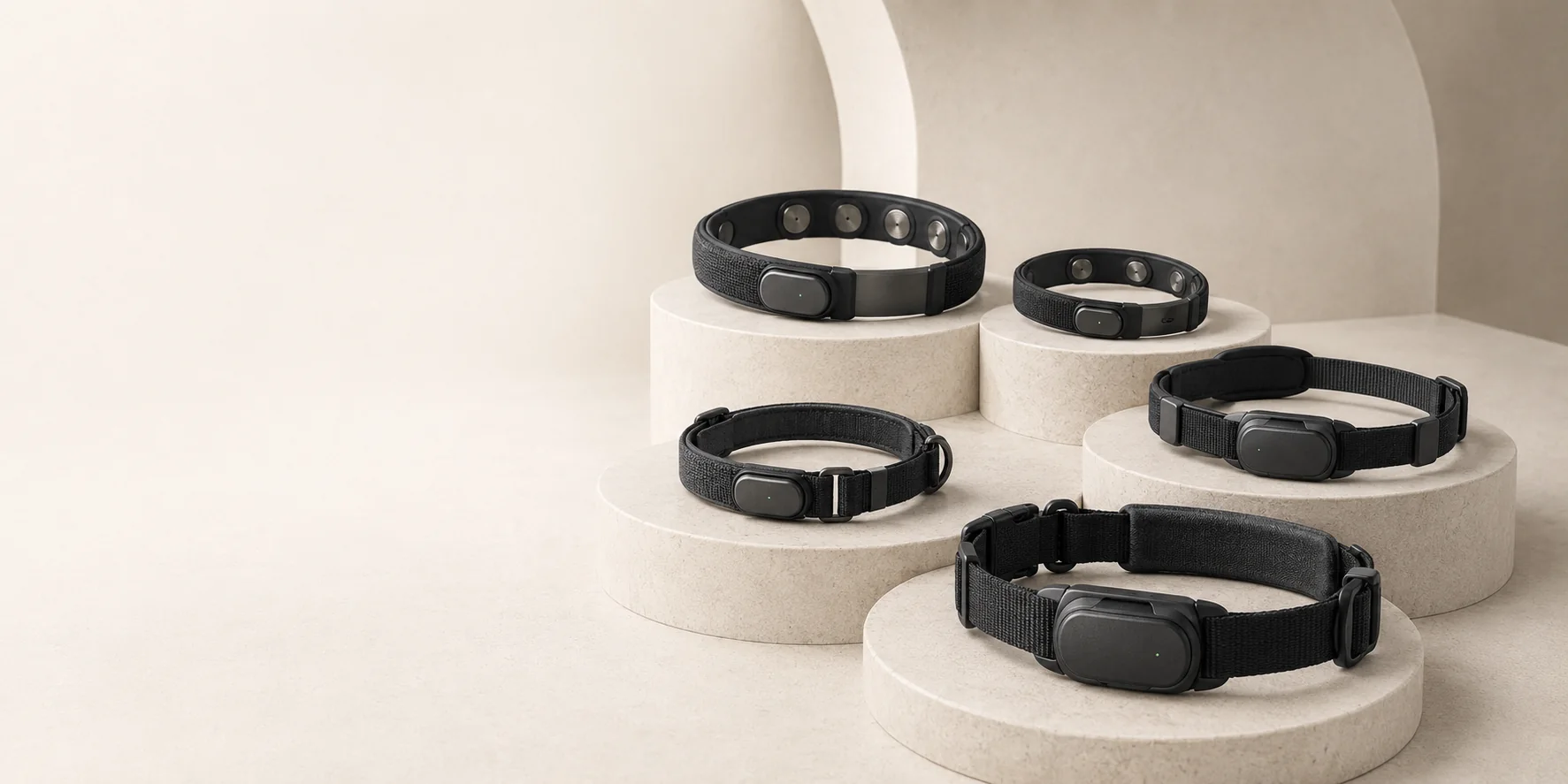 The Ninug range: adult and smaller bands, and three animal straps
