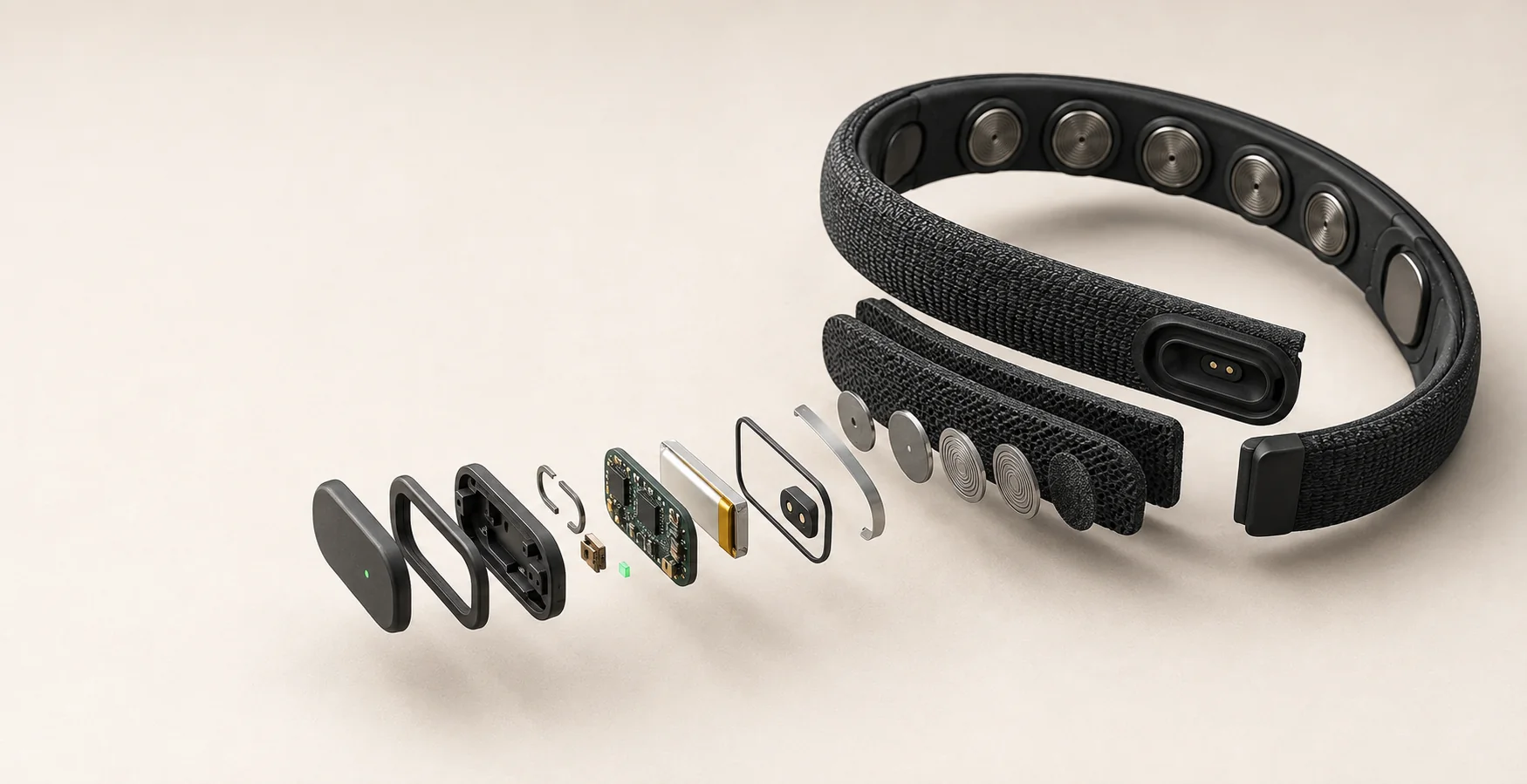 Exploded view of the Ninug pod: housing, seal, circuit board, battery, charging contacts and dry electrodes, beside the knit band
