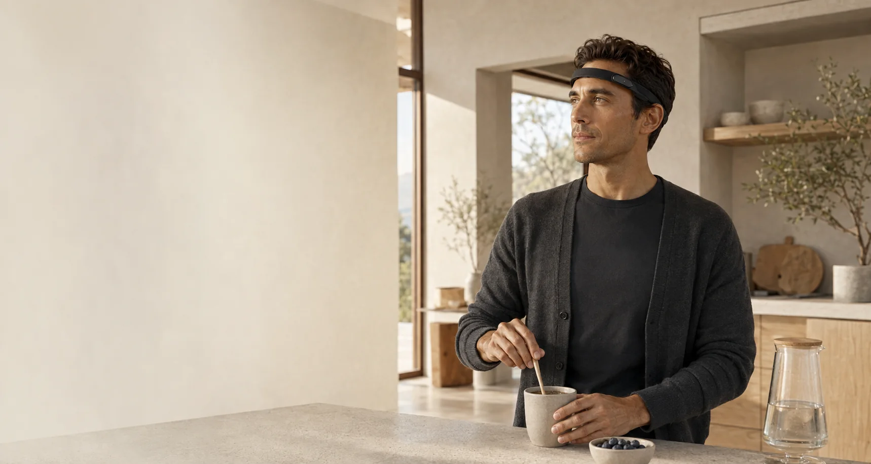 A person at home in the morning wearing the Ninug band