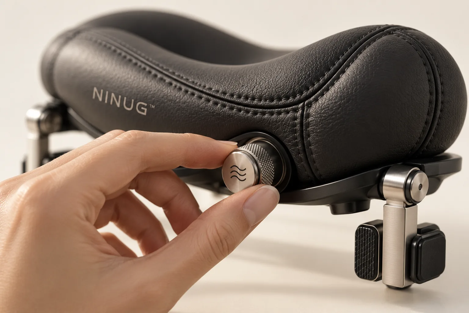 A hand turning the knurled steel adjustment wheel on the Ninug Music shoulder rest
