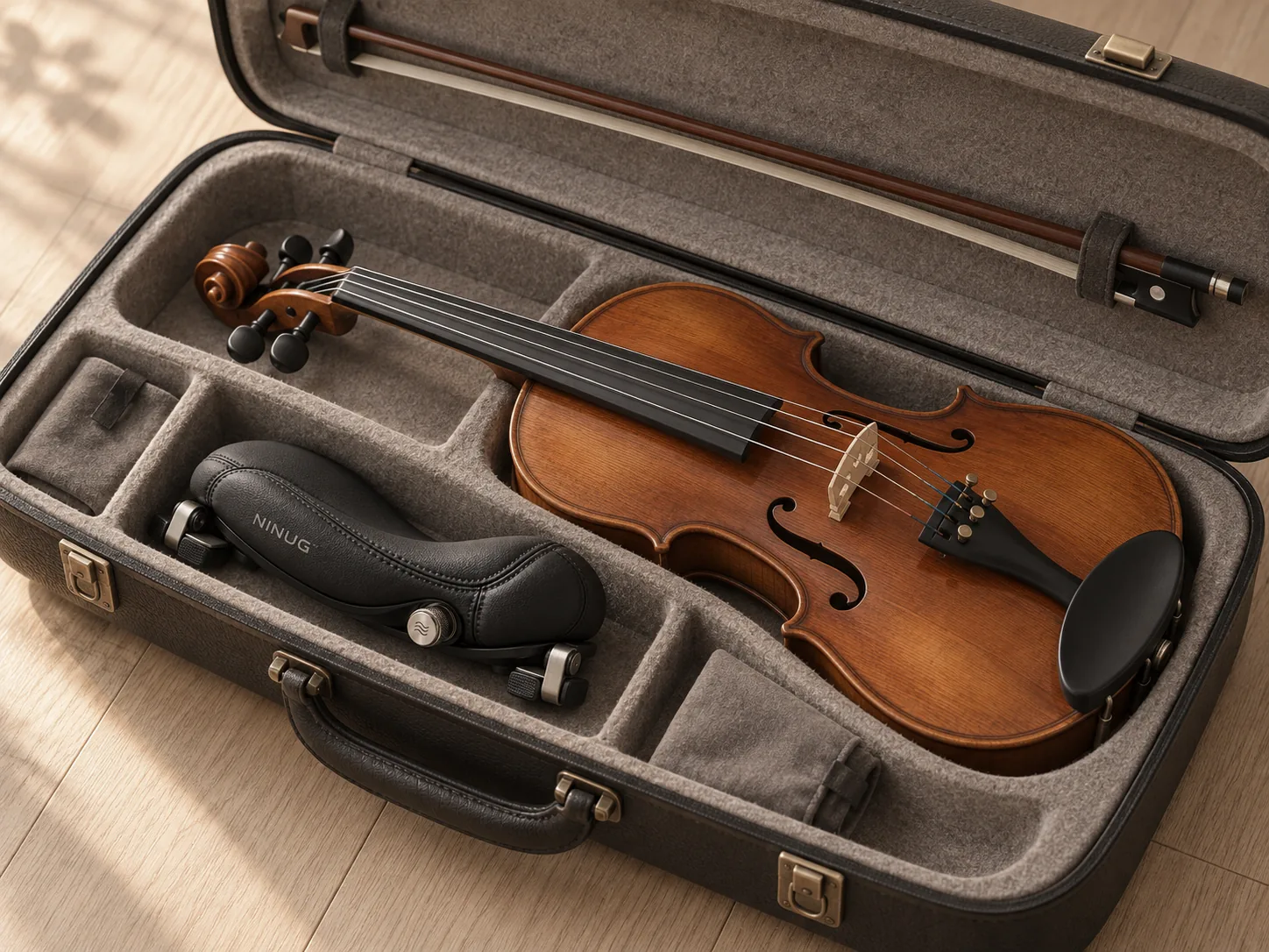 The Ninug Music shoulder rest in the accessory compartment of a violin case