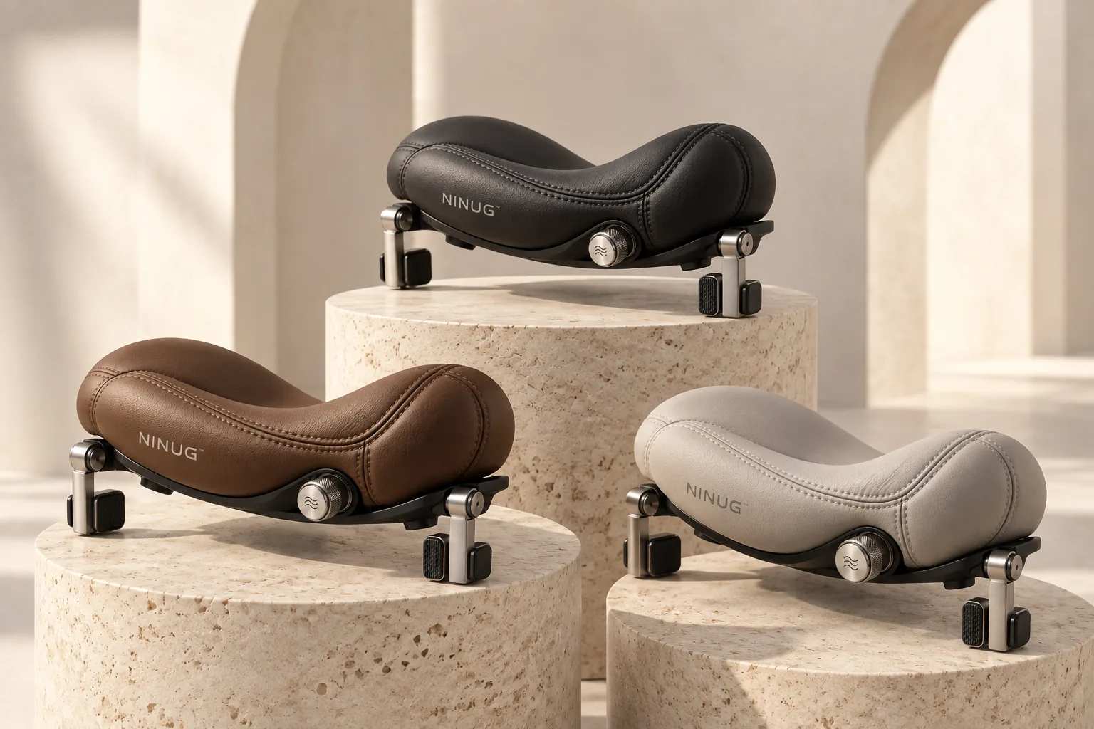 The Ninug Music shoulder rest in black, tan and grey leather