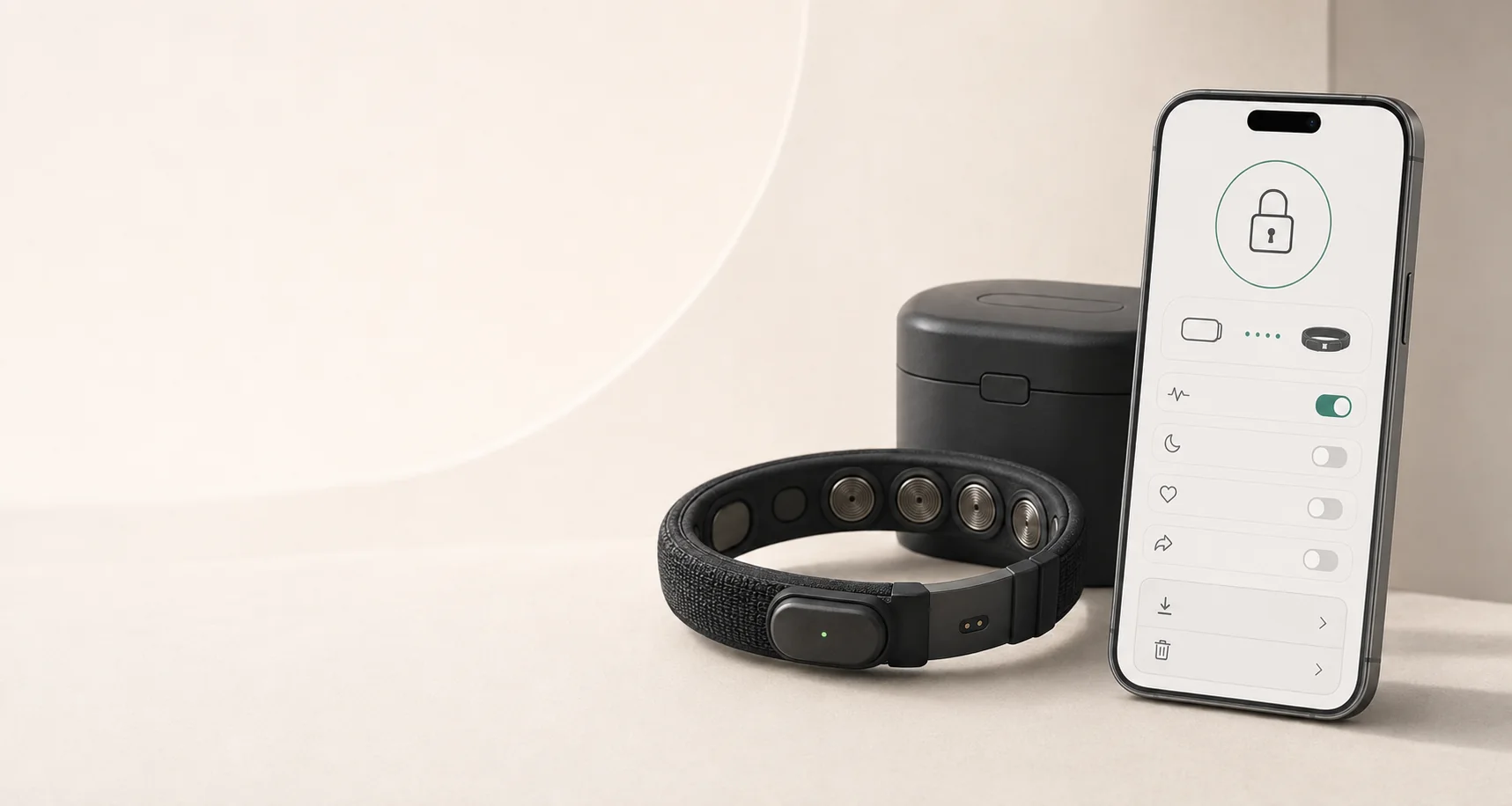 The Ninug band and case beside a phone showing privacy controls: what is shared, export and delete
