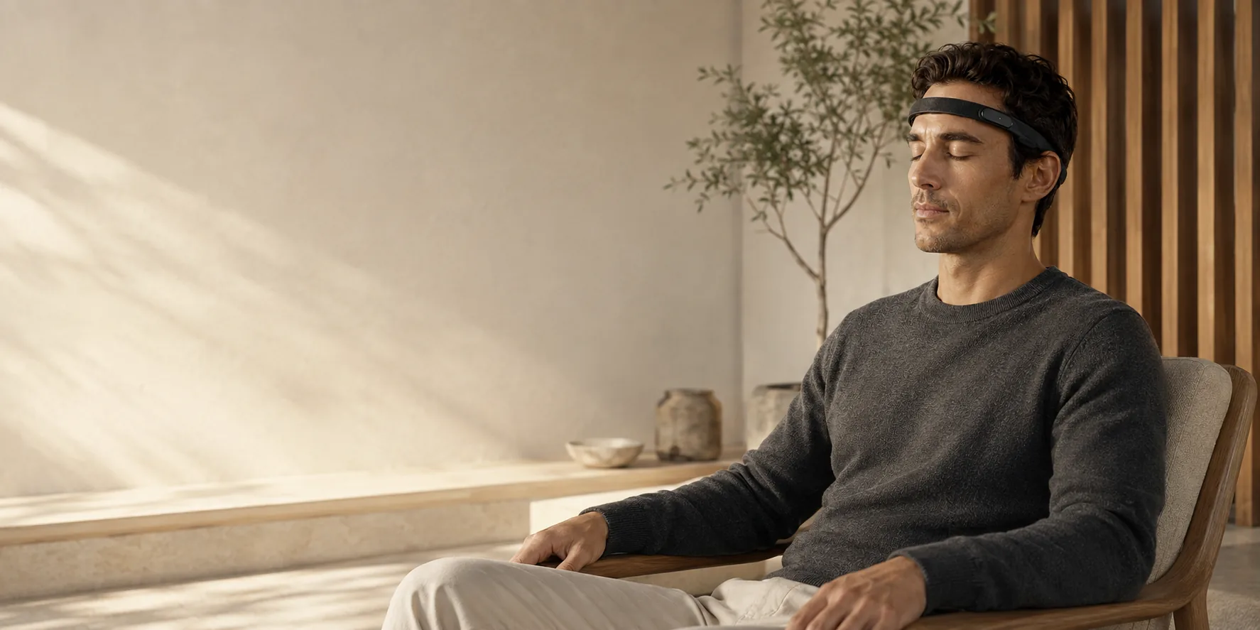 A person relaxing with eyes closed wearing the Ninug band