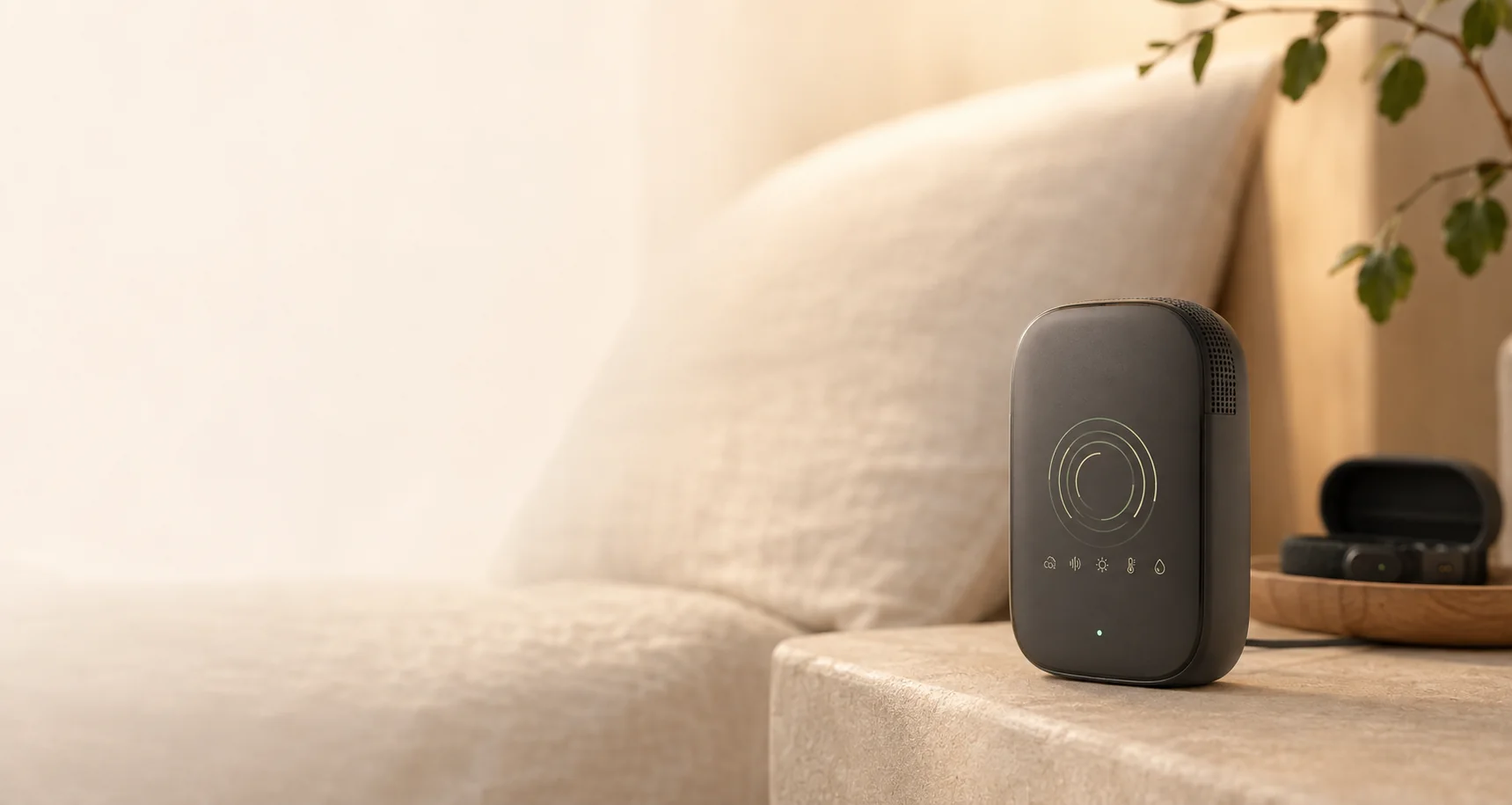 The Ninug Room sensor on a bedside table, measuring air, light, sound and temperature
