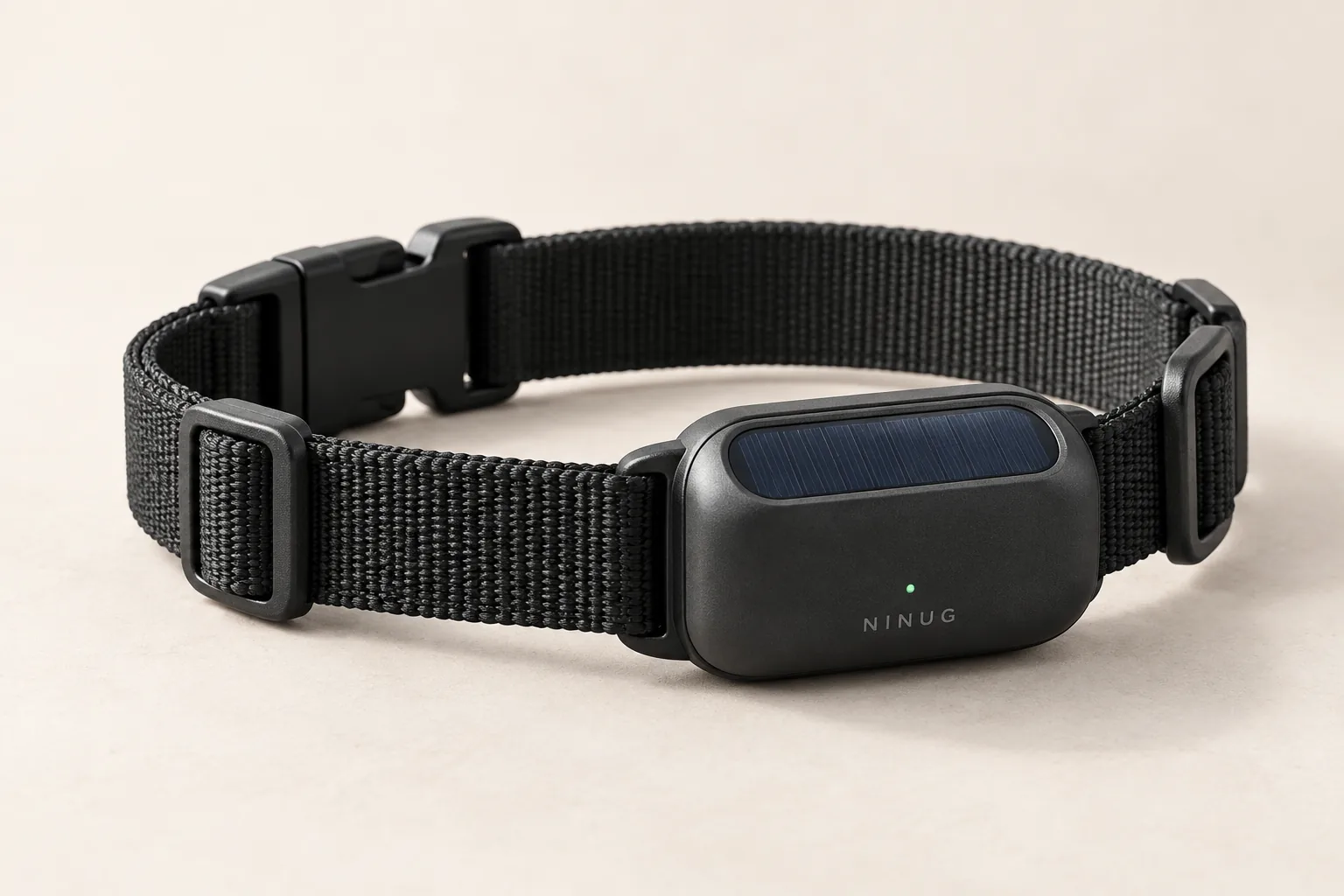 The Ninug Herd collar — a solar-topped tracking pod on black webbing