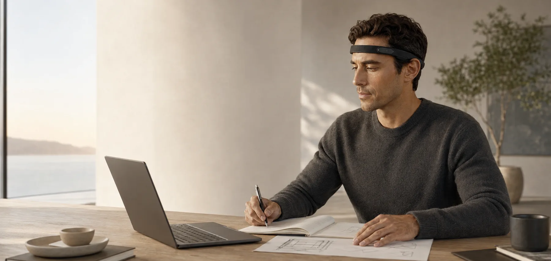 A desk in an office with the Ninug room sensor on it
